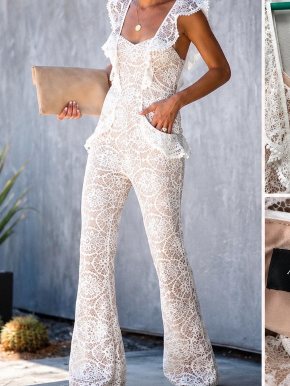 Alpha & Omega Ivory Lace Flare Leg Jumpsuit | Small
